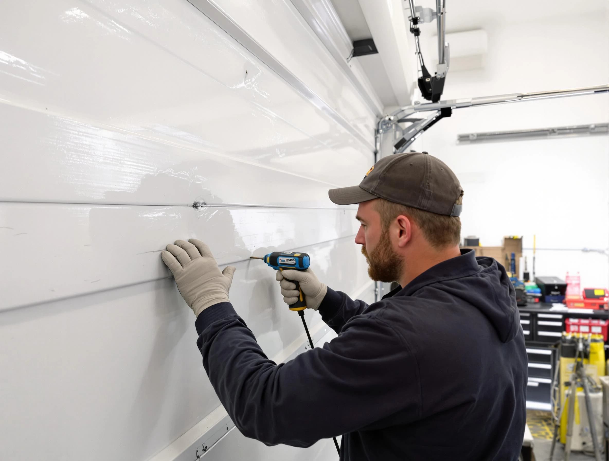 Conley Garage Door Repair technician demonstrating precision dent removal techniques on a Conley garage door