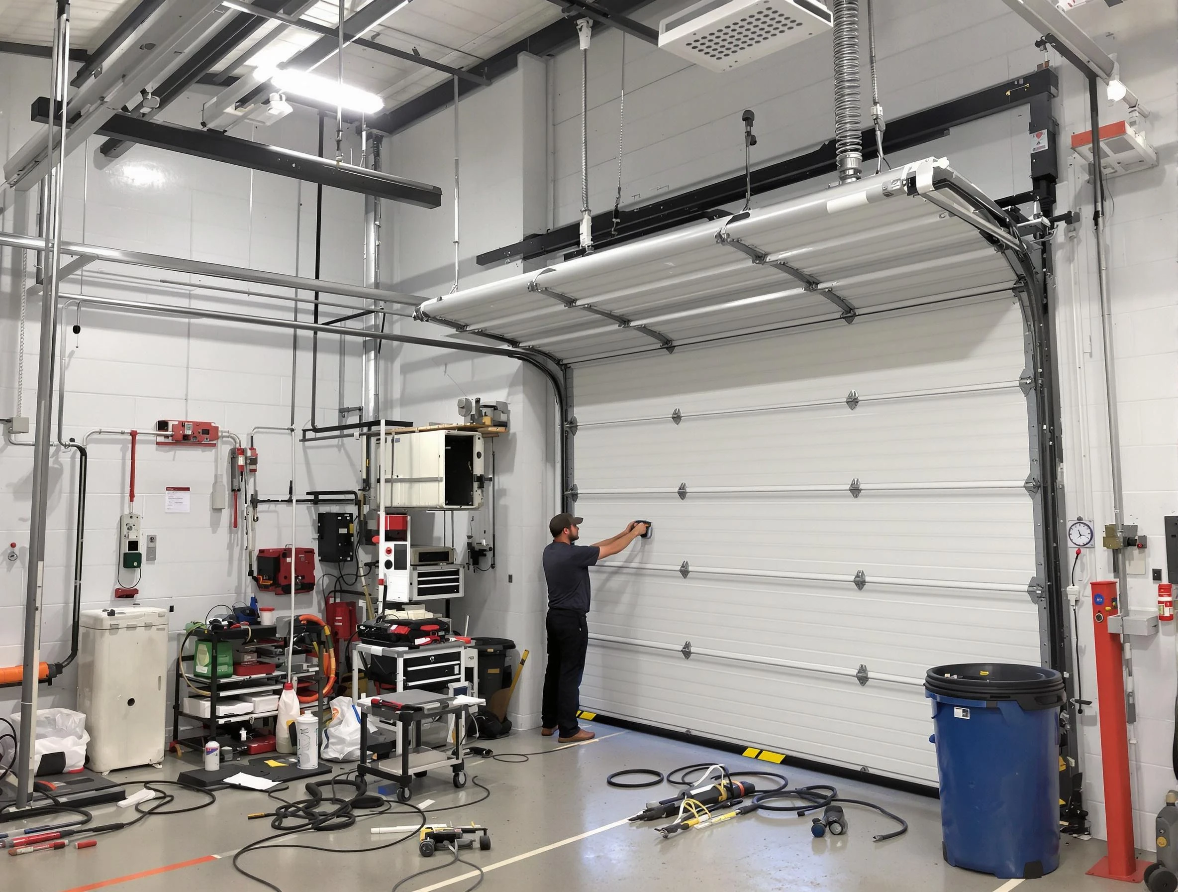 Conley Garage Door Repair certified technician performing commercial door repair at a Conley business facility