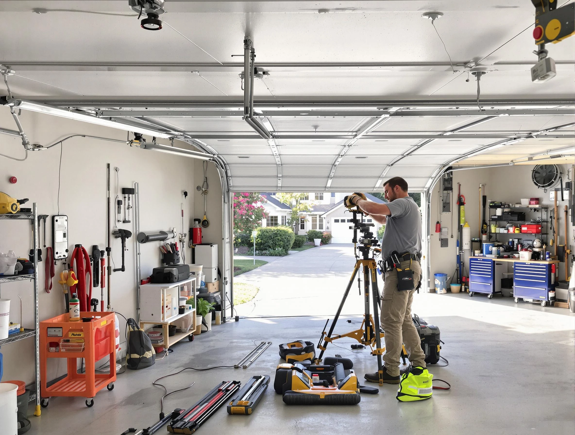 Conley Garage Door Repair specialist performing laser-guided track alignment in Conley